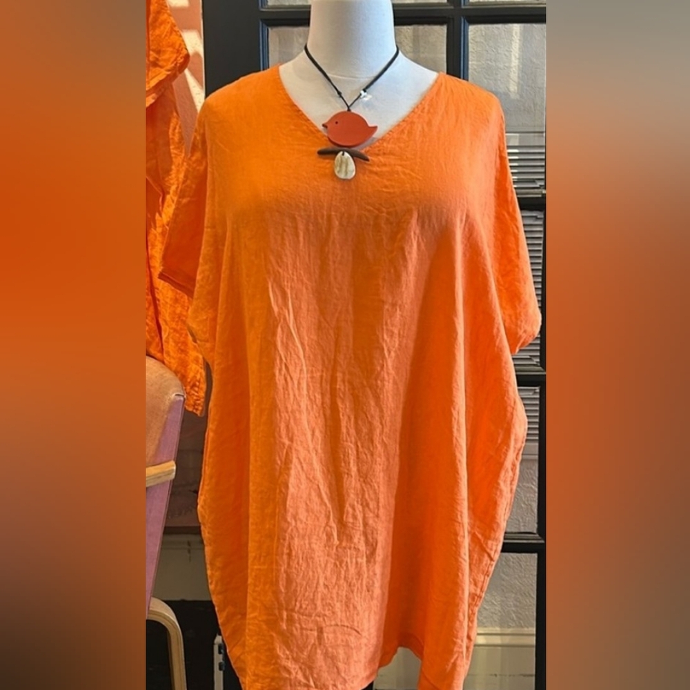 100% Italian Linen dress/tunic one size Plus size orange NWT
